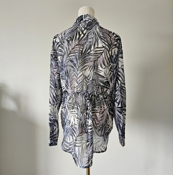 Simon Chang Xs Leaf Print Sheer Blouse Long Sleeve Button Up - Picture 3 of 6